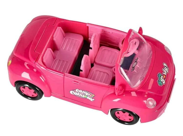 Jucărie mașină de epocă pentru copii, roz, cu design colorat și scaune detaliate.