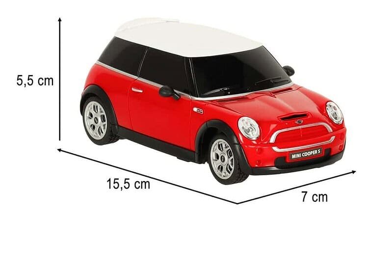 Mini masina de jucărie, model Mini Cooper S, pentru copii, cu dimensiuni precise, ideală pentru joacă și decor.