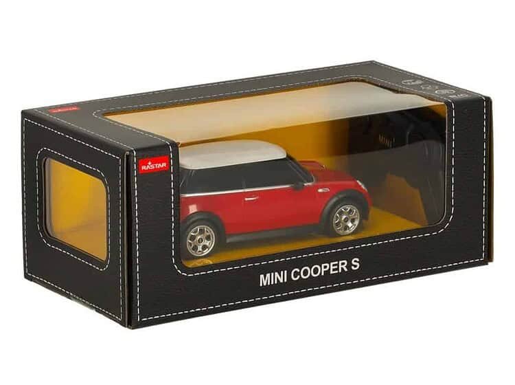 Mini mașină de jucărie Mini Cooper S în cutie transparență, ideală pentru colecție și joacă.
