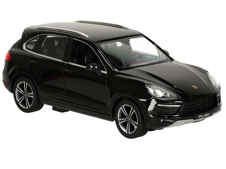 Mașină electrică pentru copii model Porsche Cayenne, jucarie realistă din plastic negru, ideală pentru băieți și fetițe.