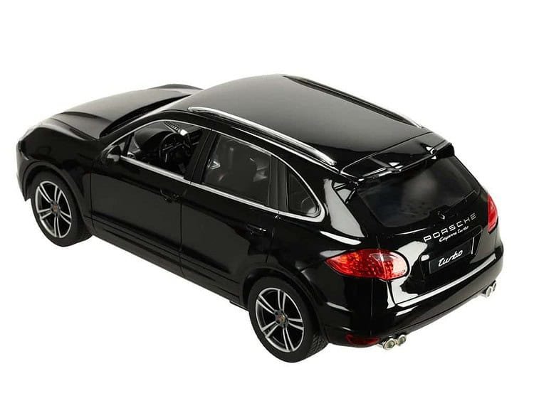 Auto de jucarie Porsche Cayenne negru, detalii realiste și design elegant, perfect pentru colecție.