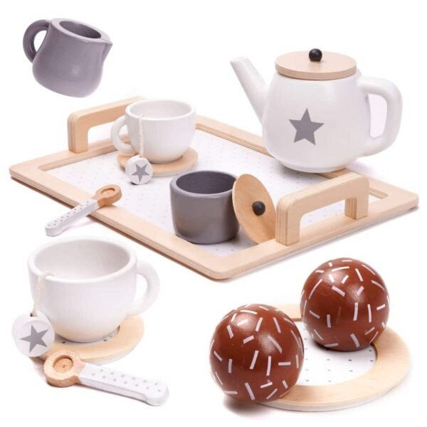 Set de cafea din lemn pentru 2 persoane - Un serviciu de cafea unic din lemn. Îi va încuraja pe copii să se joace împreună. Conține elementele necesare pentru a organiza o mini petrecere. Setul include: tavă