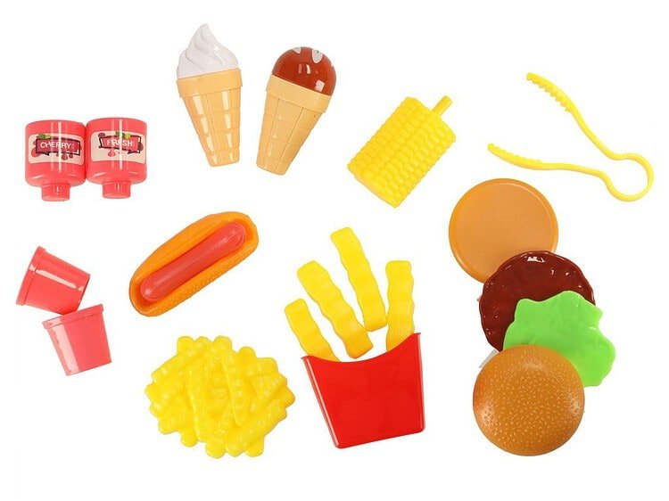 Jucării de tip fast food pentru copii, set joacă imaginație și distracție în bucătărie.