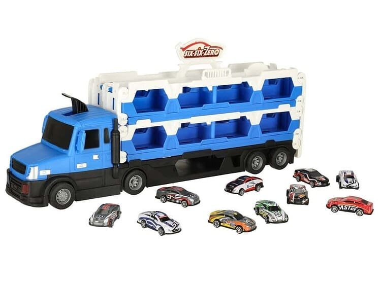 Mașinuțe jucării și camion transportor pentru copii, set cu vagoane și mașini de curse, jucării educative pentru cei mici.