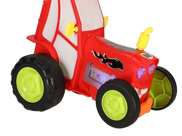 Mașină jucărie cu design de tractor, lumini și sunete, pentru distracție în aer liber pentru copii.