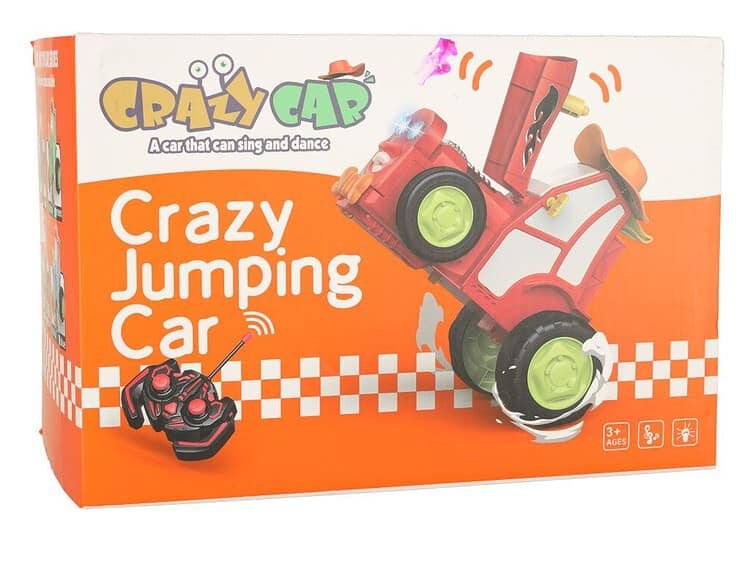 Colorful toy jumping car for children, fun and interactive plaything.