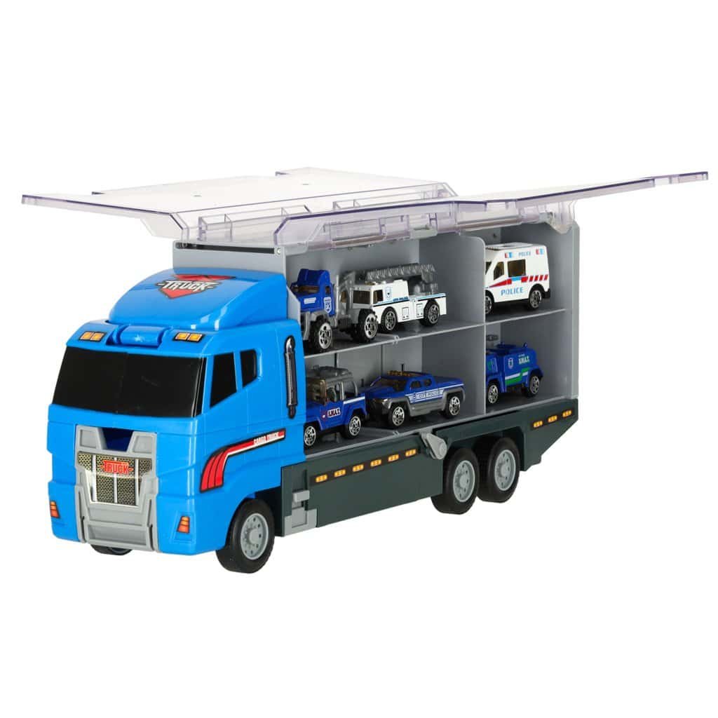 Jucării mașini poliție și pompieri pentru copii, camion 6 modele în remorcă cu compartimente.