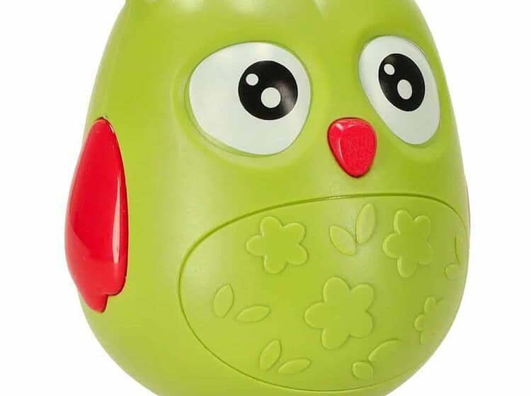 Jucarie educativa ou bufnita din plastic verde cu model floral pentru copii.