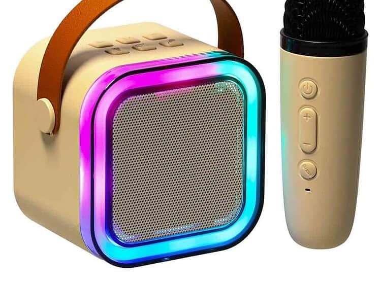 1. Difuzor portabil cu lumini LED și microfon wireless pentru copii.