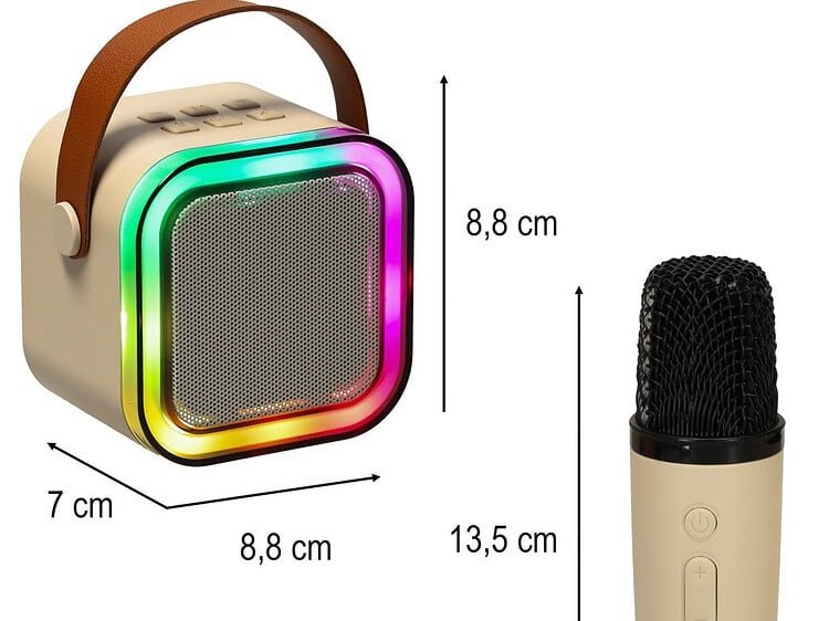 Difuzor portabil cu LED-uri și microfon, ideal pentru joacă și petreceri pentru copii.