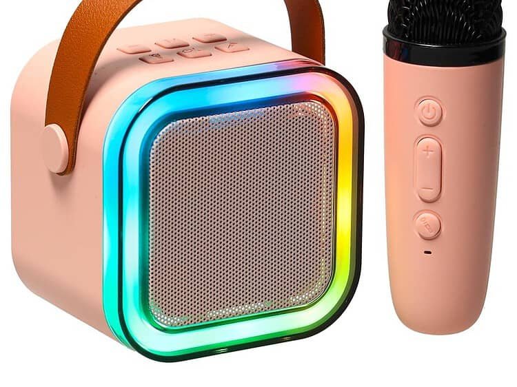 Difuzor portabil cu LED-uri RGB, boxă și microfon, pentru petreceri și distracție.