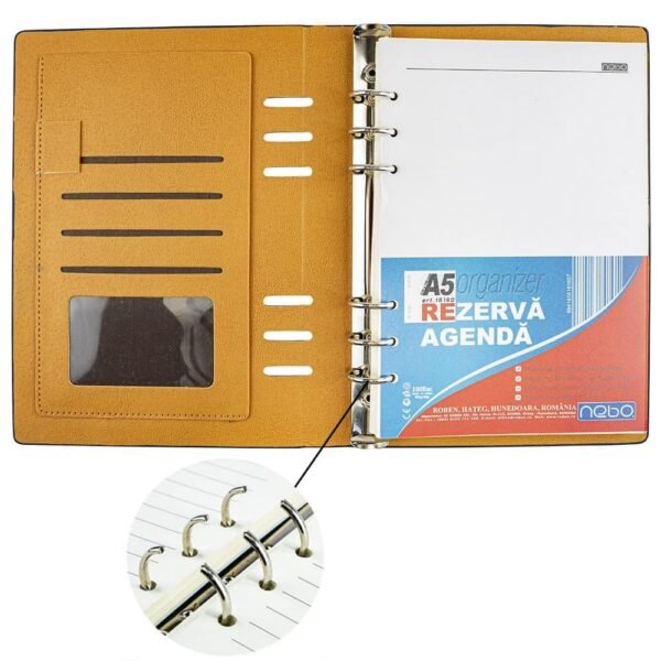 - contine 100 pagini prinse in inele metalice;