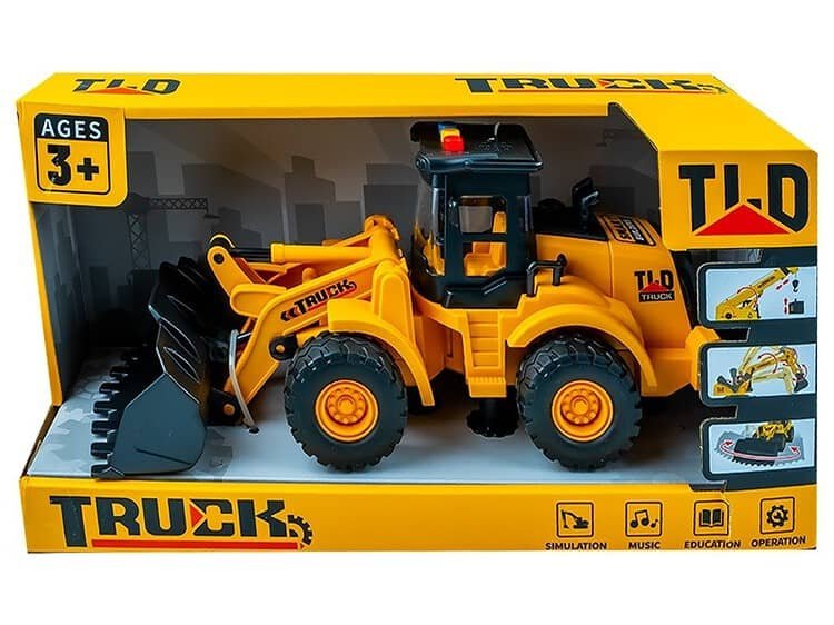 cu lumina si sunet - - Jucaria buldozer are brat articulat. Bratul manipuleaza cupa care poate fi ridicata/coborata si inclinata. Ridicarea si coborarea cupei este insotita de pocnete. De asemenea