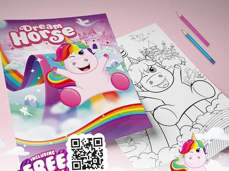 Jucărie pentru copii cu unicorn și tematică de curcubeu, pentru desen și joc creativ.