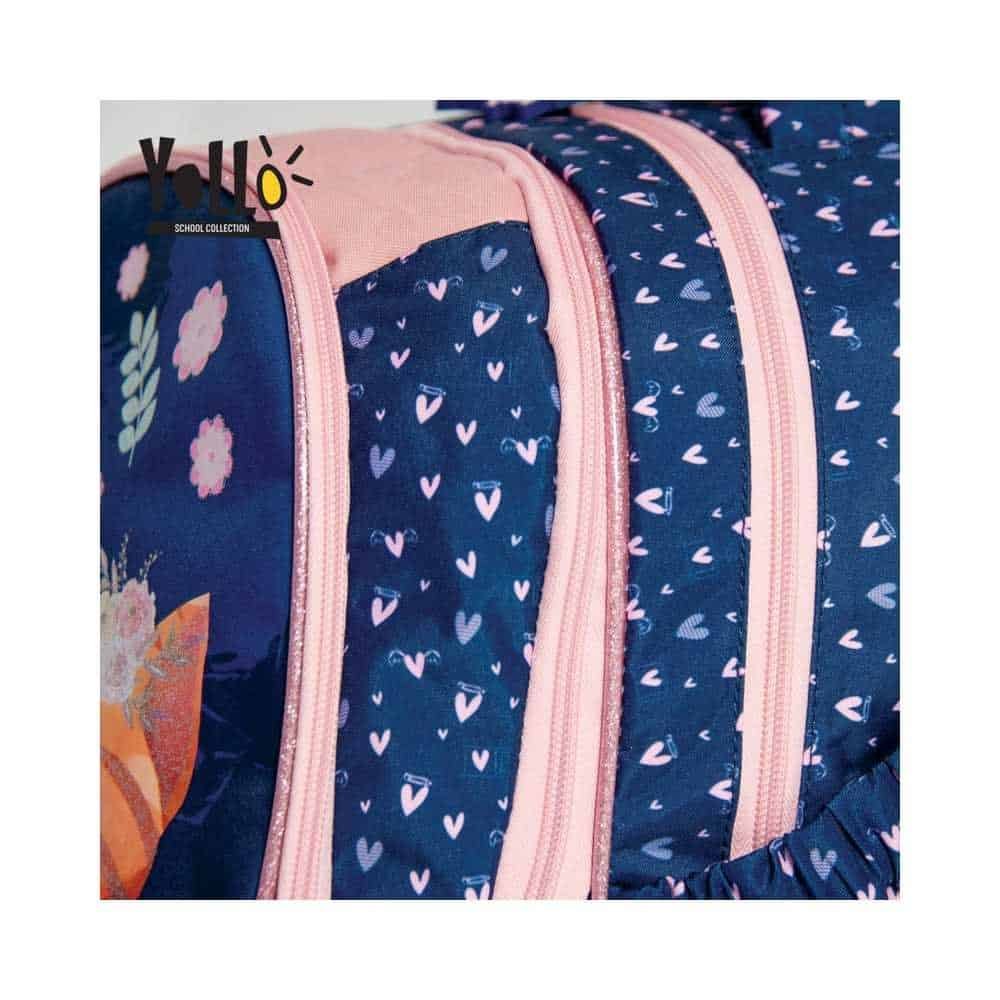 Rucsac de școală pentru copii cu imprimeu inimioare roz și albastre, ideal pentru grădiniță și școală.