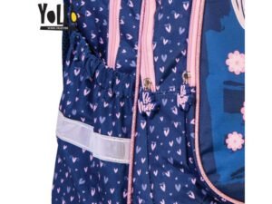 1. Geantă școlară pentru copii cu imprimeu cu inimioare, culoare albastru marin și roz.