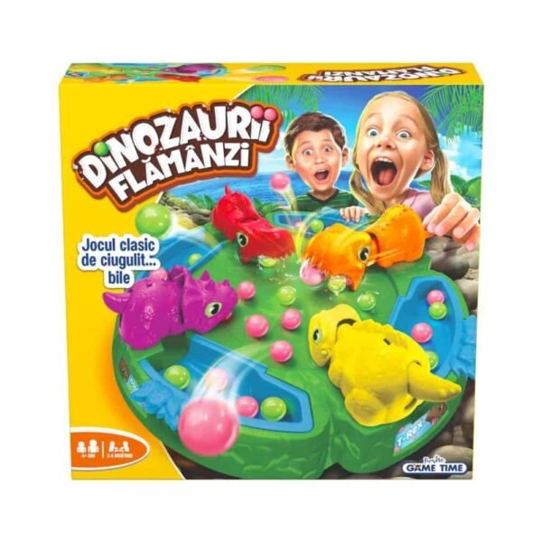 - Varsa toate bilutele colorate in mijlocul platformei cu dinozauri
