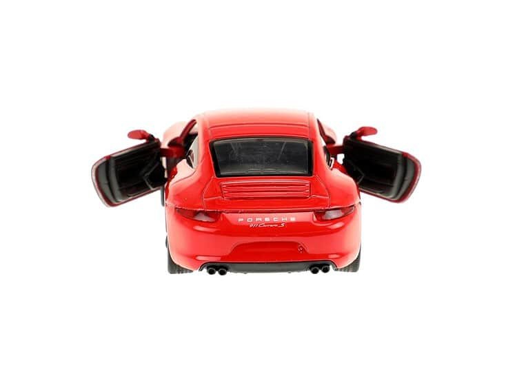 Mașinuță de jucărie Porsche colorată roșu cu portierele deschise.