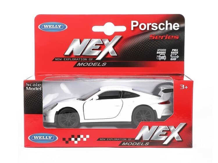 1. Mașinuță jucărie Porsche albă, model redus, pentru copii peste 3 ani.