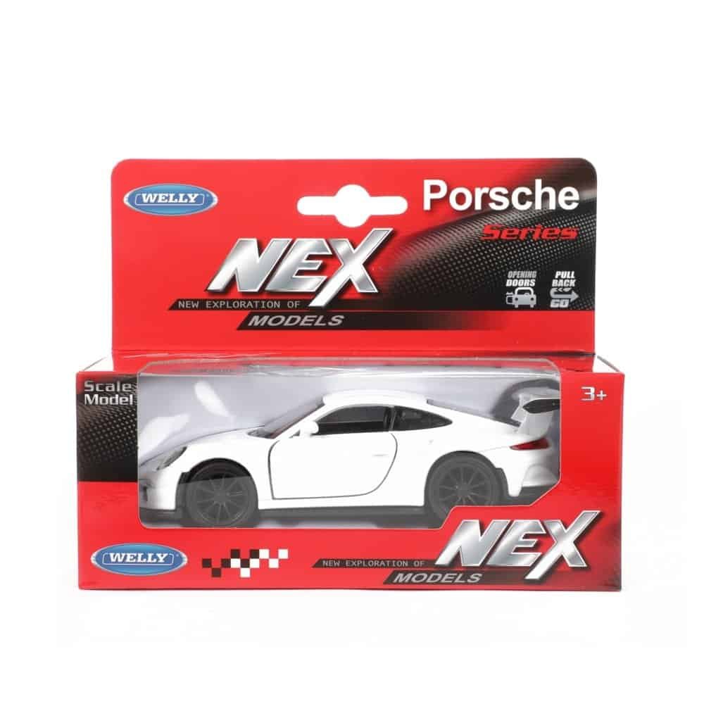 1. Mașinuță jucărie Porsche albă, model redus, pentru copii peste 3 ani.