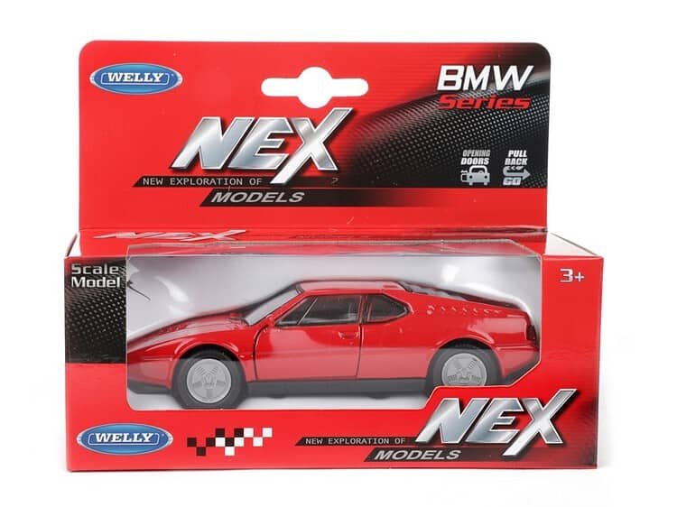 Red BMW model car toy in packaging, suitable for children 3+ years old.