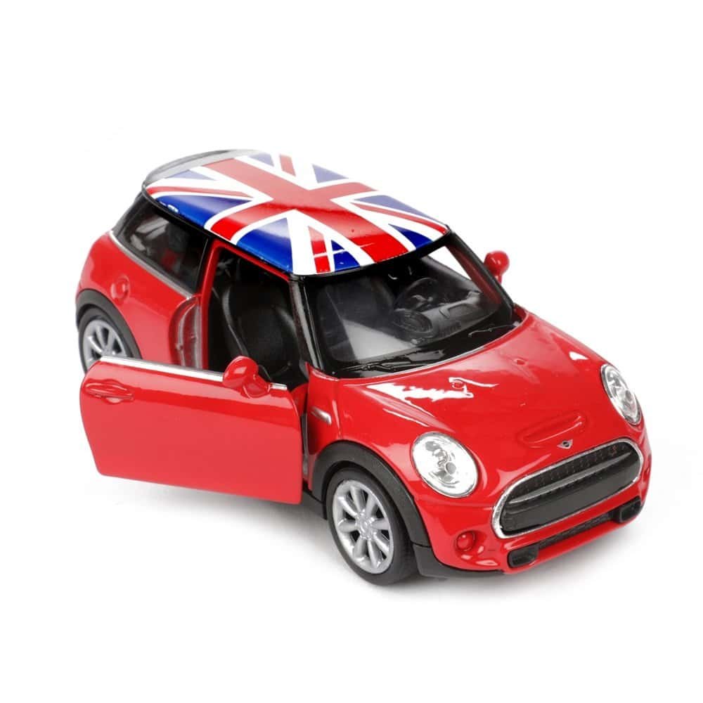 Mașinuță de jucărie Mini Cooper, culoare roșie cu steag Britanic pe acoperiș, perfectă pentru copii.