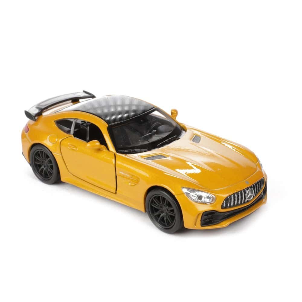 Mașină de jucărie Porsche în culoare galbenă, model de colecție pentru copii.