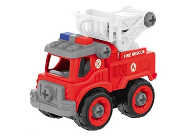 4 buc/set - - Setul contine 4 camioane demontabile cu diverse utilitati necesare departamentului de pompieri (3 vehicule cu nacela si 1 cisterna) si 1 surubelnita.