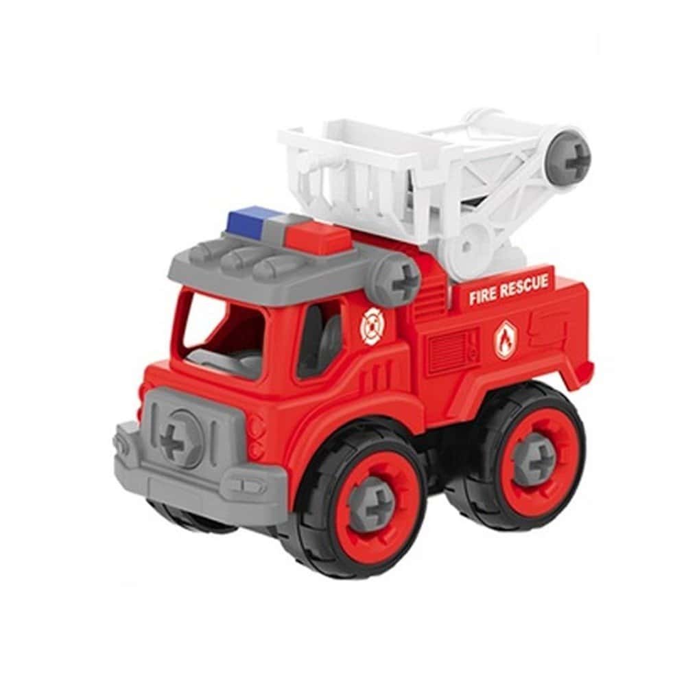 4 buc/set - - Setul contine 4 camioane demontabile cu diverse utilitati necesare departamentului de pompieri (3 vehicule cu nacela si 1 cisterna) si 1 surubelnita.