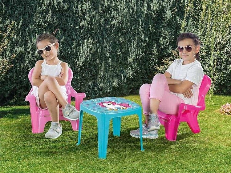 roz - Unicorn - Dolu - - Setul contine o masa si 2 scaune colorate in roz si albastru