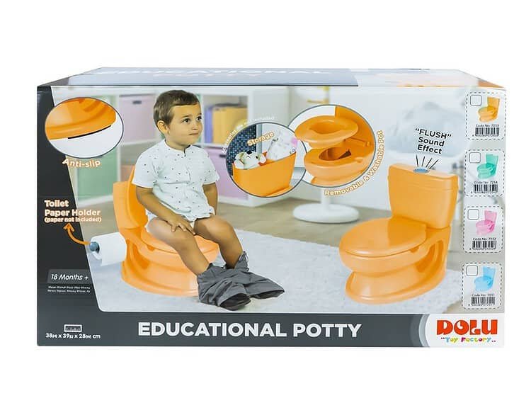 - Produsul are elementele necesare unui vas de toaleta: buton care se apasa si face zgomot de tras apa