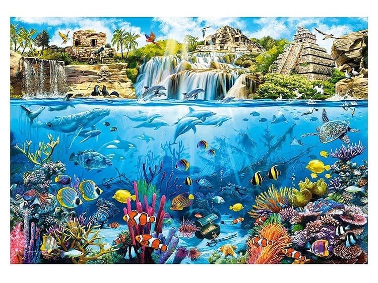 1. Tablou cu peisaj tropical și acvariu mare cu pești exotic, cascade și ruine Mayase.