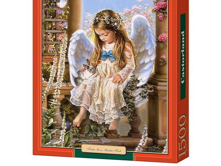 1. Fetiță angelică cu aripi albe și curcubeu în fundal, puzzle de 1500 piese.