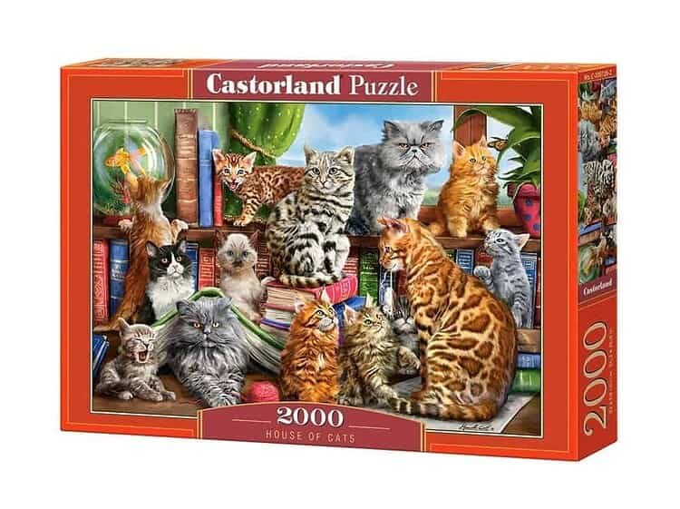 Pisică puzzle cu pisici jucăușe și colorate, ideal pentru iubitorii de animale și jocuri educative.