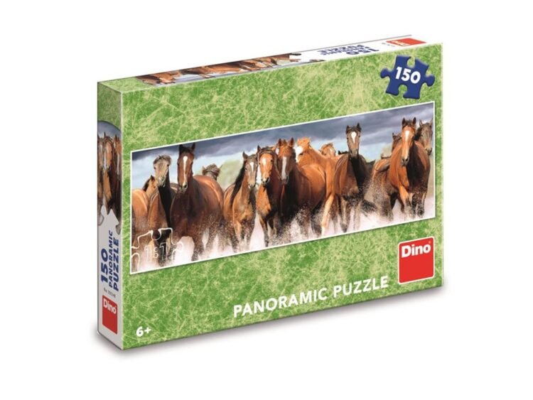 Cai - DINO TOYS - - Puzzle-ul panoramic cu 150 de piese are o incantatoare imagine cu o intreaga herghelie de cai murgi si roibi in alergare.