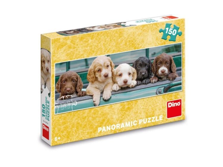 Catelusi - DINO TOYS - - Puzzle-ul cu 150 de piese are o incantatoare imagine cu cinci catelusi. Formatul panoramic al puzzle-ului il face perfect pentru decorare.