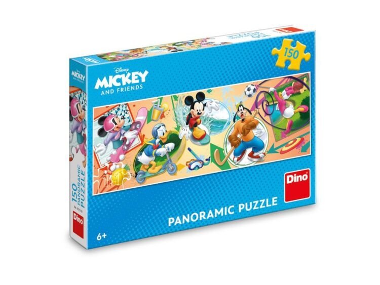 Micky - DINO TOYS - - Pachetul contine 150 de piese din care se asambleaza un puzzle panoramic cu imagine cu Mickey si prietenii facand sport.