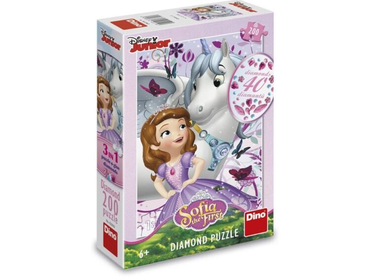 1 lipici si 40 de diamante din acril autoadezive. Cu ajutorul lor fetitele vor realiza o frumoasa imagine cu Sofia si unicornul zburator.