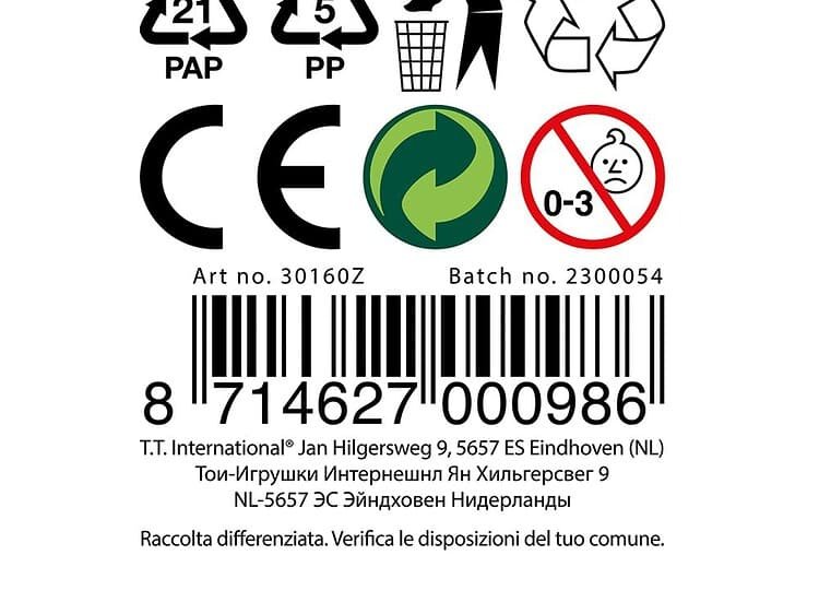 1. Etichetă simboluri reciclare și siguranță pentru jucării copii 0-3 ani.