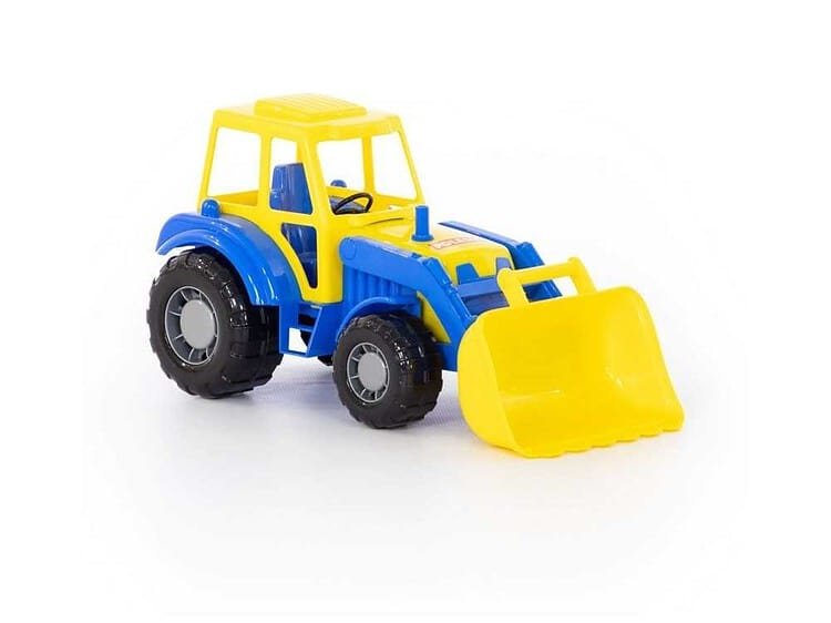 Jucarie tractor de plastic pentru copii, culoare galben si albastru, pentru joaca si distractie.