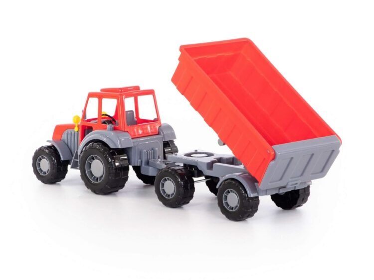 vor fi incantati de acest tractor viu culorat cu roti perfecte pentru orice tip de suprafete si remorca detasabila si basculanta ce poate fi fixata in pozitia de basculare cu ajutorul unei parghii.