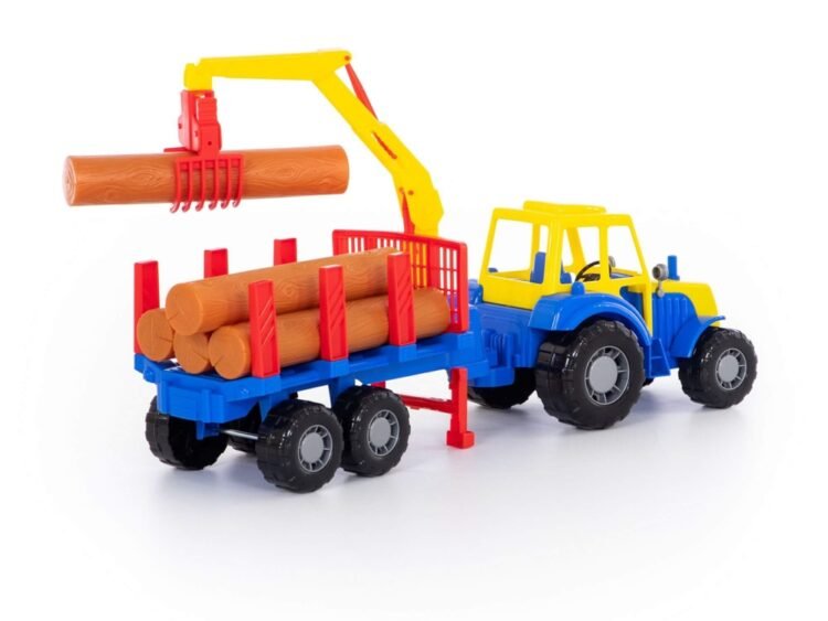 - Remorca este dotata cu o macara cu graifer pentru manipularea bustenilor.