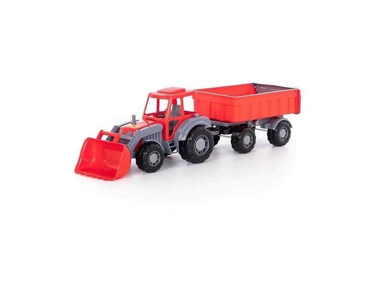 Tractor jucarie pentru copii, cu remorcă și lopată roșie.