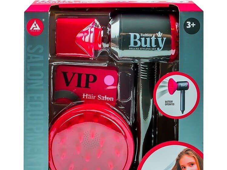 Uscator de par cu baterii - - Jucaria uscator de par are doua capete interschimbabile (concentrator si difuzor) si este insotita de doua carduri VIP.