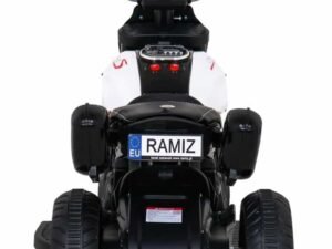 Mașină electrică de jucărie pentru copii, model motocicletă cu viteză, culoare alb-negru.