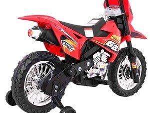 1. Bicicletă electrică pentru copii, roșie, cu suport pentru picioare și protecție subțire.