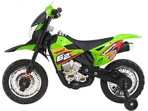 1. Motocicletă de jucărie pentru copii, model sport verde și negru, cu roți marimea mici.