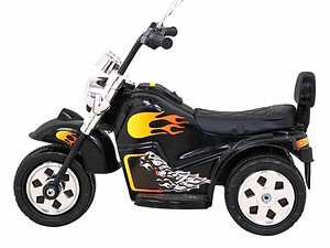 1. Bicicletă electrică pentru copii cu design de motocicletă neagră cu flăcări galbene și roșii.