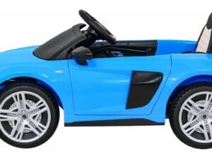 Mașinuță electrică pentru copii, design sportiv, culoare albastră, perfectă pentru joacă și distracție.
