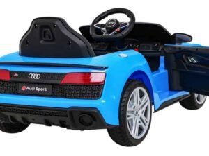 1. Masina de jucarie Audi sport pentru copii, albastra, cu stopuri rosii si volan.